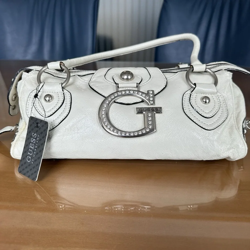 G By Guess Cream Handbag Vintage Y2k Buckle Detail Studded Satchel Silver *New*
